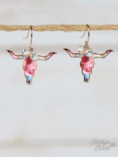 Rose Detailed Steer Skull Earrings, Gold