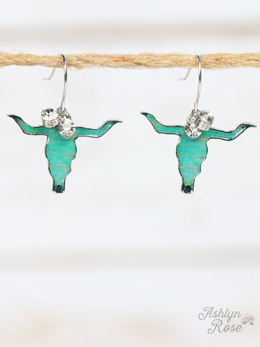 Turquoise Brushed Steer Skull Earrings, Silver