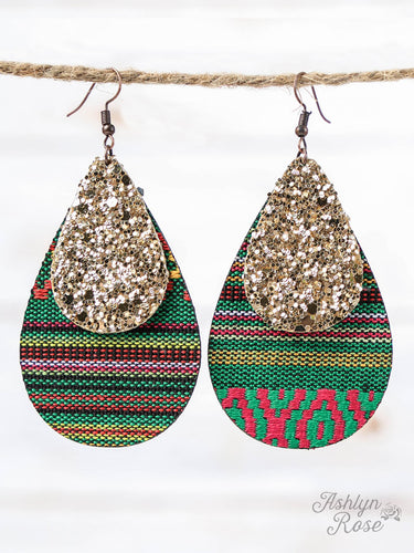 Green Serape Teardrop Earrings with Gold Glitter Accent, Copper