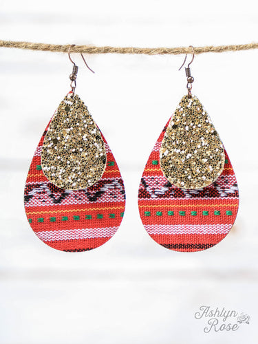 Red Serape Teardrop Earrings with Gold Glitter Accent, Copper