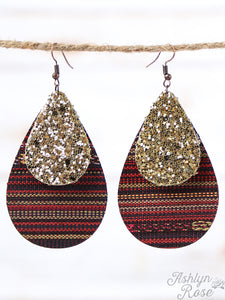 Black Serape Teardrop Earrings with Gold Glitter Accent, Copper