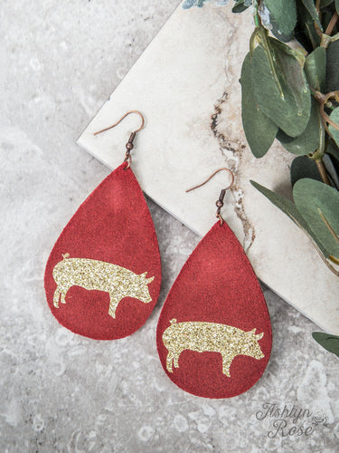 Red Teardrop Earrings with Gold Glitter Pig, Copper