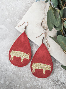 Red Teardrop Earrings with Gold Glitter Pig, Copper