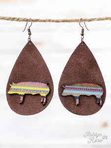 Mocha Leather Teardrop Earrings with Serape Pig Cutout, Copper
