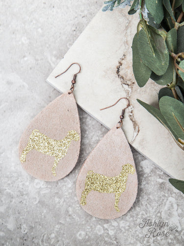 Beige Teardrop Earrings with Gold Glitter Goat, Copper