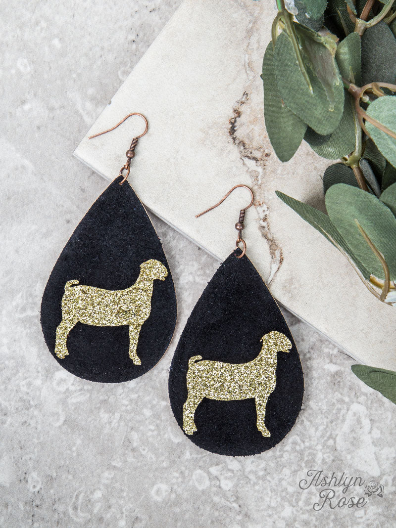 Black Teardrop Earrings with Gold Glitter Goat, Copper