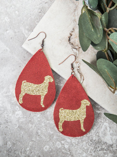 Red Teardrop Earrings with Gold Glitter Goat, Copper