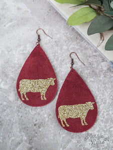 Red Teardrop Earrings with Gold Glitter Steer, Copper