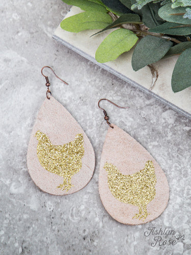 Beige Teardrop Earrings with Gold Glitter Chicken, Copper