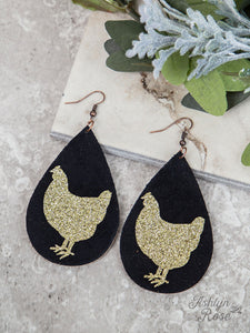 Black Teardrop Earrings with Gold Glitter Chicken, Copper