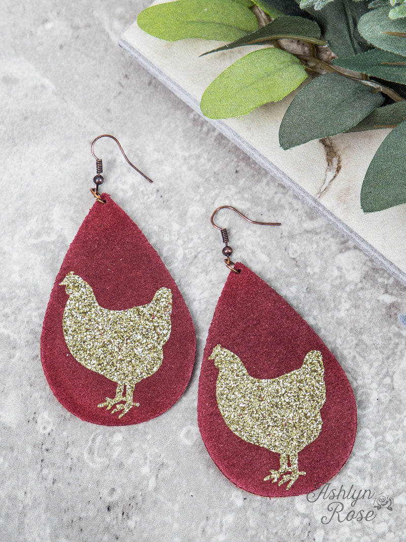 Red Teardrop Earrings with Gold Glitter Chicken, Copper