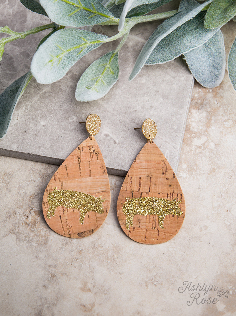 Circle Stud Cork Teardrop Earrings with Gold Glitter Pig, Copper