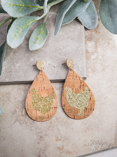 Circle Stud Cork Teardrop Earrings with Gold Glitter Chicken, Copper