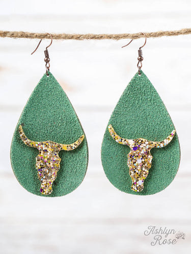 Turquoise Leather Teardrop Earrings with Glitter Bull Skull, Copper