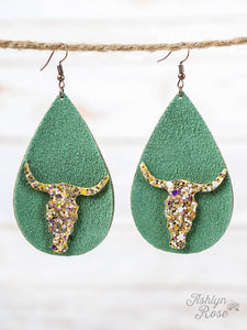 Turquoise Leather Teardrop Earrings with Glitter Bull Skull, Copper