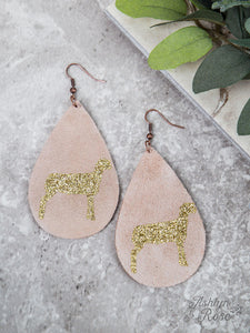Beige Teardrop Earrings with Gold Glitter Lamb, Copper