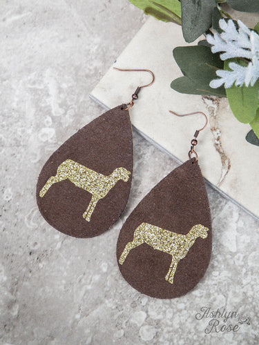 Brown Teardrop Earrings with Gold Glitter Lamb, Copper