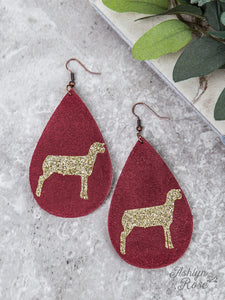 Red Teardrop Earrings with Gold Glitter Lamb, Copper