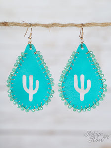 Turquoise Leather Teardrop Cactus Cutout Earrings, Gold