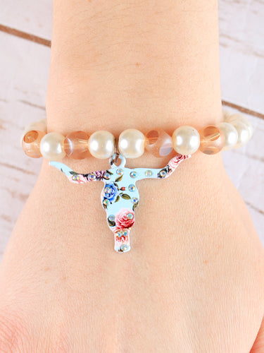 Light Blue Floral Bull Skull Bracelet, Copper