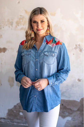 Medium Wash Denim Button Up Shirt with Floral Serape Yoke and Cuffs