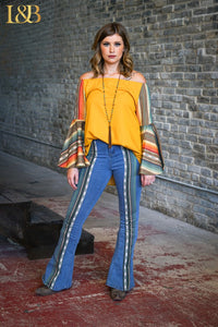 Mid Wash Serape Front Panel Flare Jeans