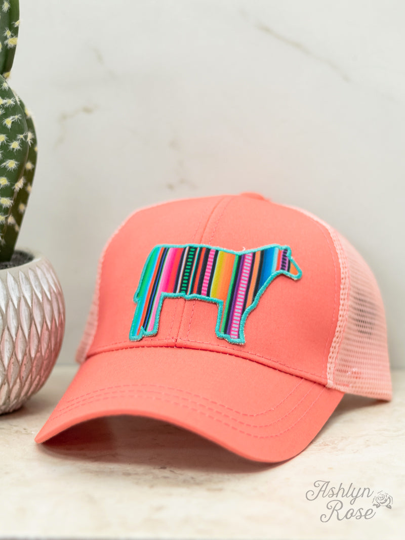 Serape Steer Patch Turquoise on Solid High Ponytail Hat with Mesh, Coral
