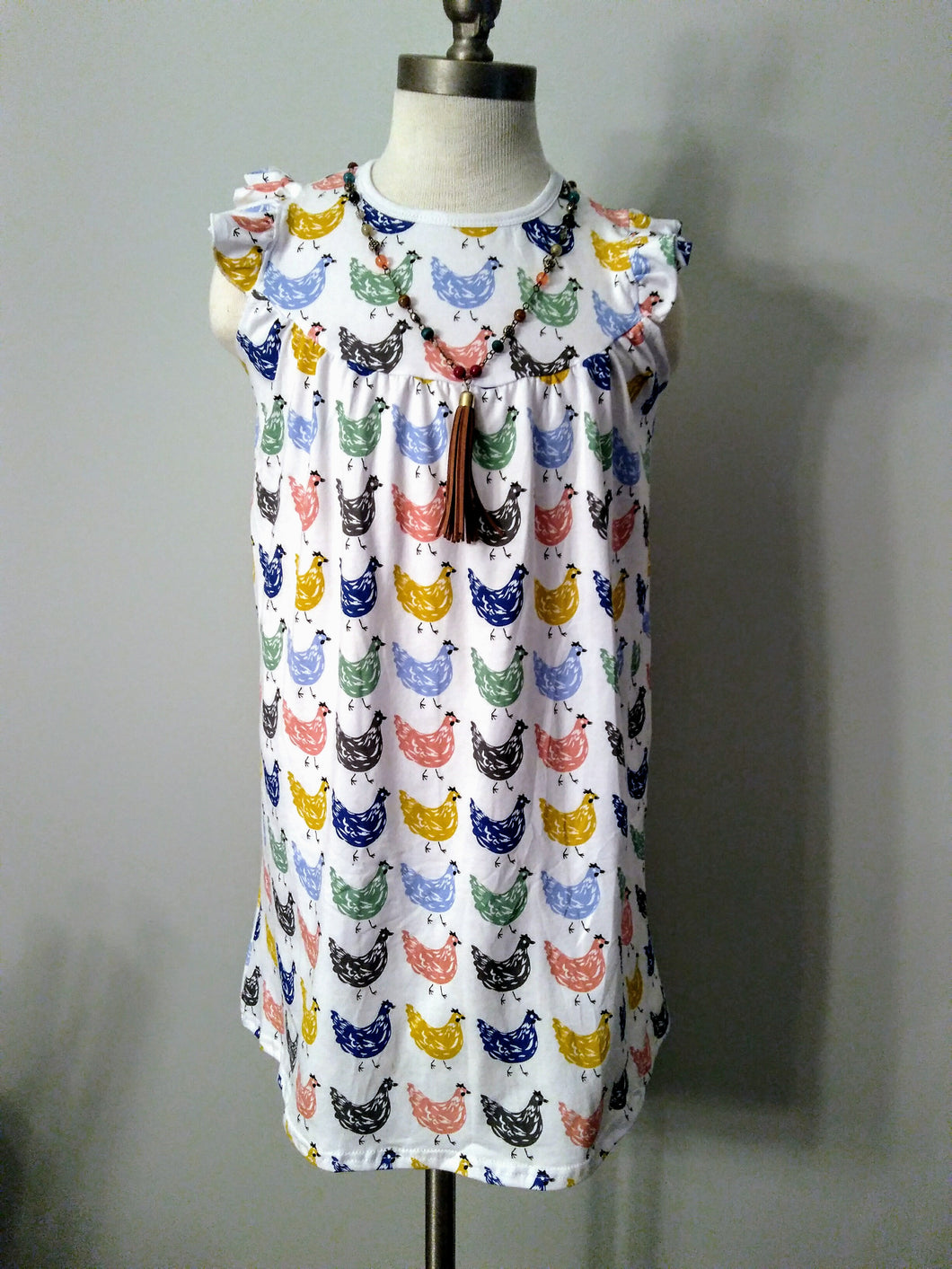 Girls Flutter Sleeve Chicken Print Dress