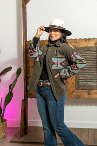 Olive Corduroy Jacket with Aztec Detail
