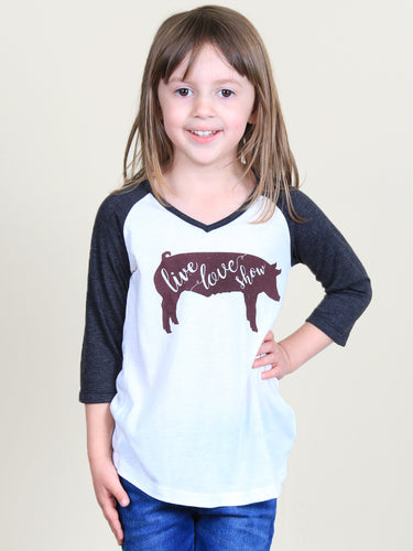 Girls' Live Love Show Pig on White Raglan with Charcoal Sleeves