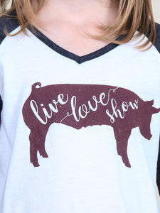 Girls' Live Love Show Pig on White Raglan with Charcoal Sleeves