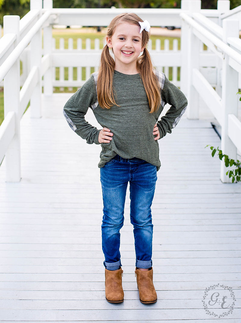 Girls' Heidi's Olive Blouse with Grey Plaid Accents
