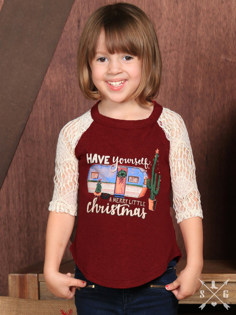 Girls Have Yourself a Merry Little Christmas on Maroon with Cream Lace Sleeves