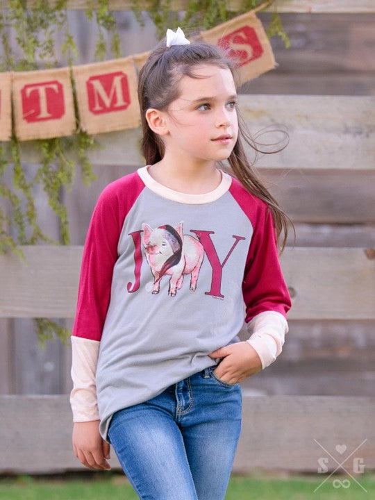 Girls' Joy Holiday Pig on Tri-Color Longsleeve Tee