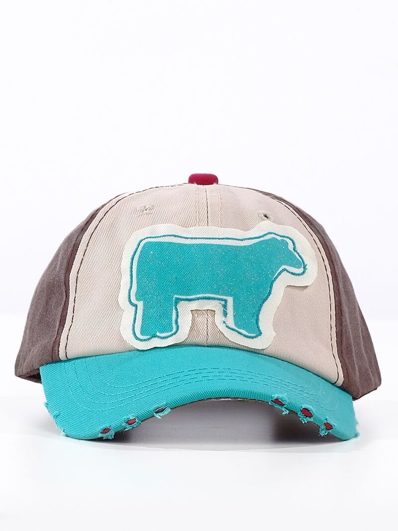 Girls Sparkle Turquoise Steer Patch on Beige, Brown, and Turquoise Distressed Hat