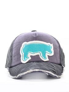 Girls Sparkle Turquoise Pig Patch on Black and Charcoal Distressed Hat