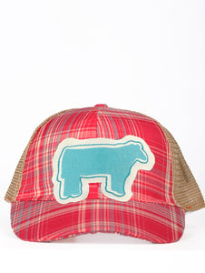 Girls' Sparkly Turquoise Show Steer Patch on Red Plaid Hat with Tan Mesh