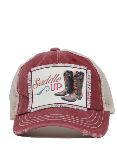 Saddle Up Patch on Vintage Maroon Distressed Hat