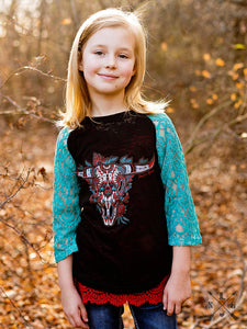 Girls Bull Skull on Black Burnout with Turquoise Lace Sleeves