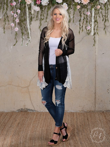 Black Button Down Knit Cardigan with Lace Accent Sides