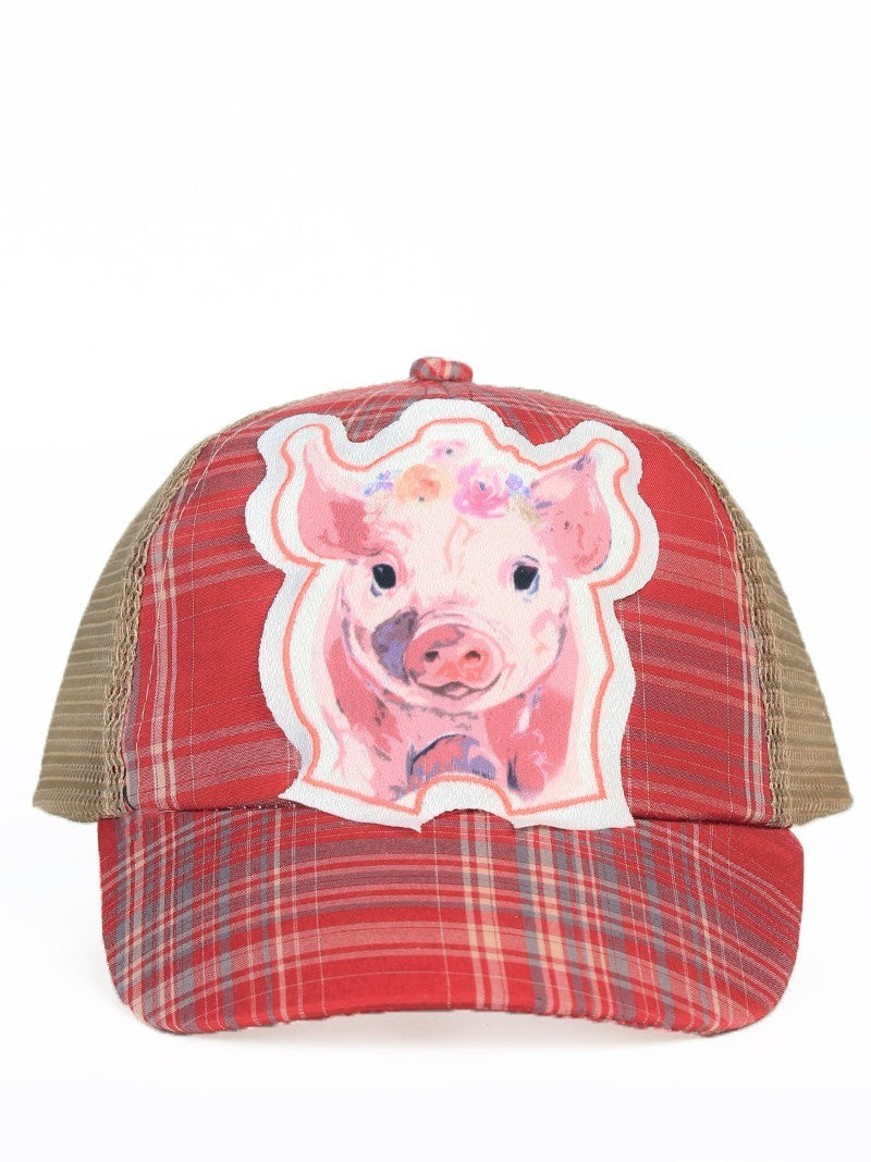 Girls' Farm Bred Piggy Patch on Red Plaid Hat