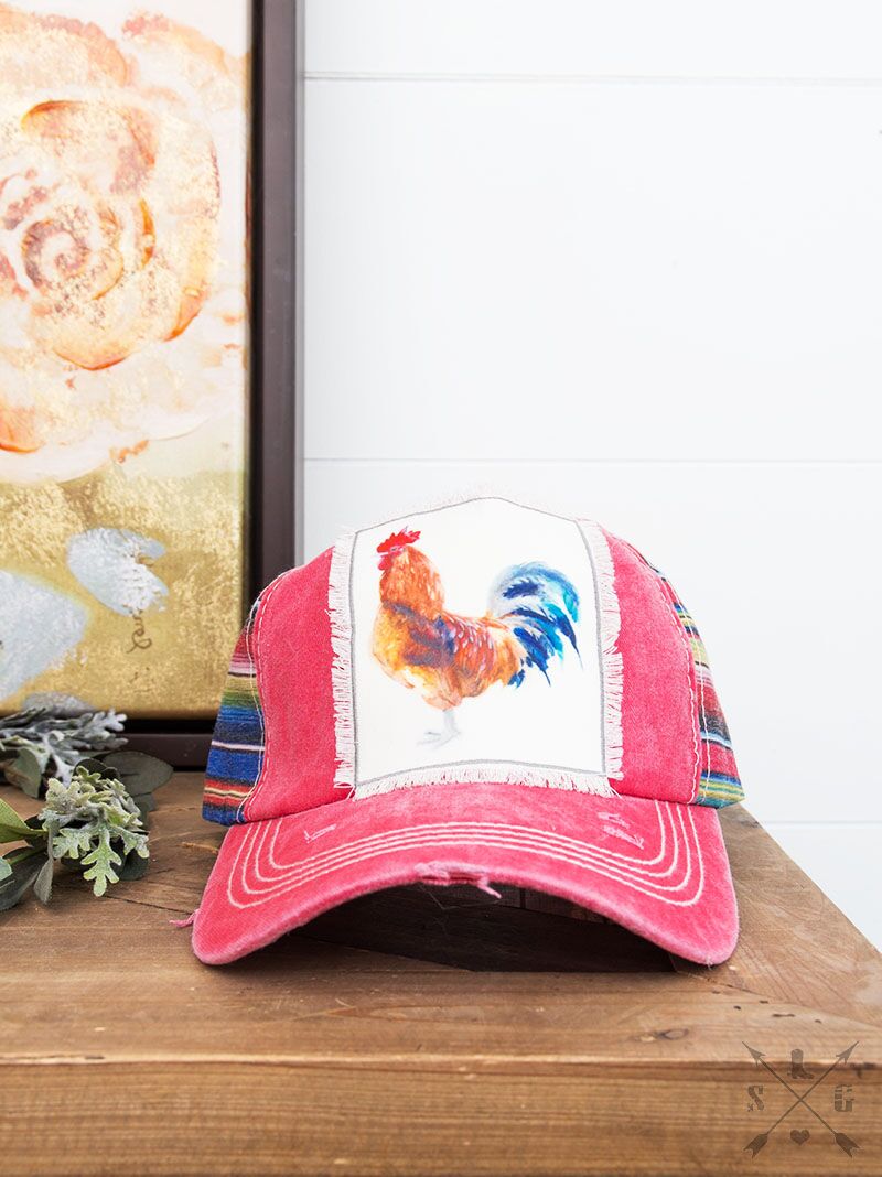 Watercolor Rooster Patch on Bright Red and Serape Hat