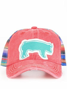 Sparkle Turquoise Show Pig Patch on Bright Red and Serape Hat
