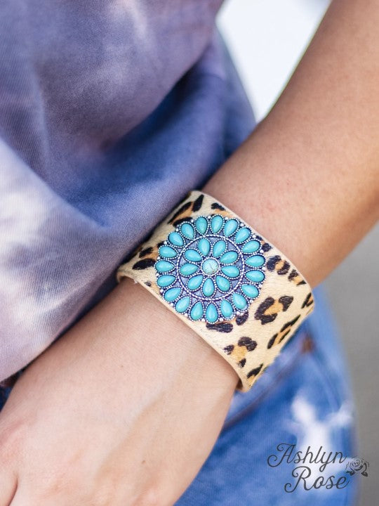 Can't Cuff Me Leopard Suede Cuff Button Bracelet With A Turquoise Circular Flower Stone