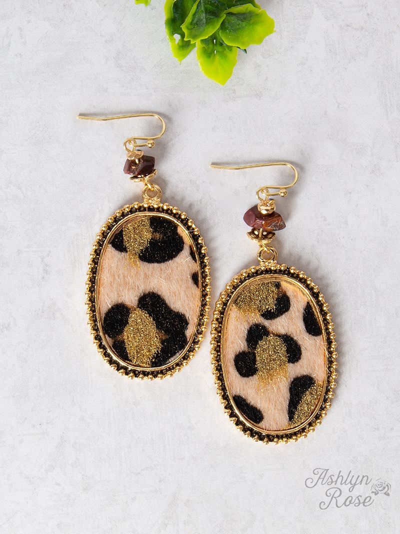 Furry with Stone Oval Earrings, Glitter Leopard