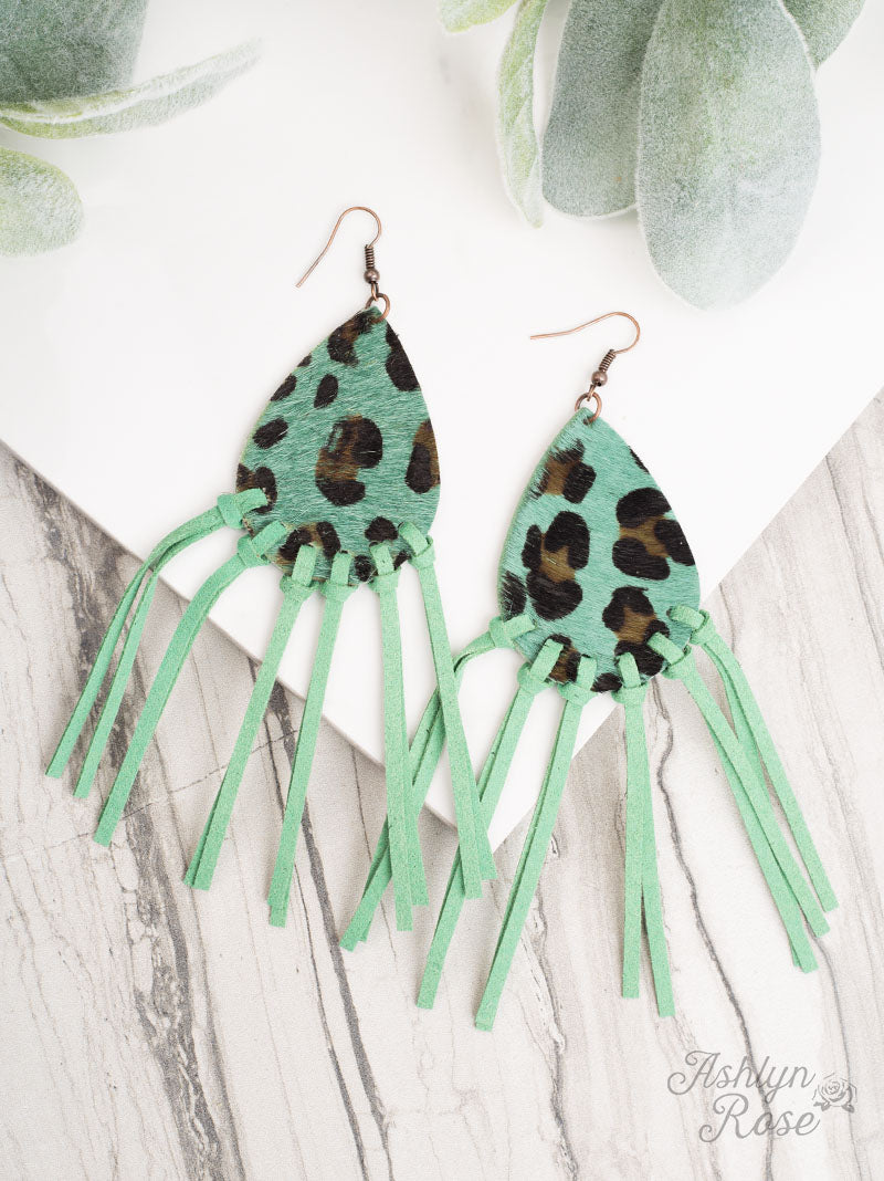 Let's Be Fringe Animal Print Leather Drop Earrings, Turquoise Leopard