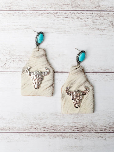 TAKE A NUMBER COWBOY WHITE COWHIDE SILVER COWSKULL STUD EARRINGS