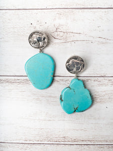 DON'T BE A SALTY HEIFER TURQUOISE ROCK SLAB WITH BUFFALO NICKEL COIN EARRINGS