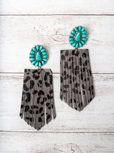 I'LL BE YOUR RANCH HAND TURQUOISE FLORAL CONCHO WITH GREY LEOPARD FRINGE EARRINGS