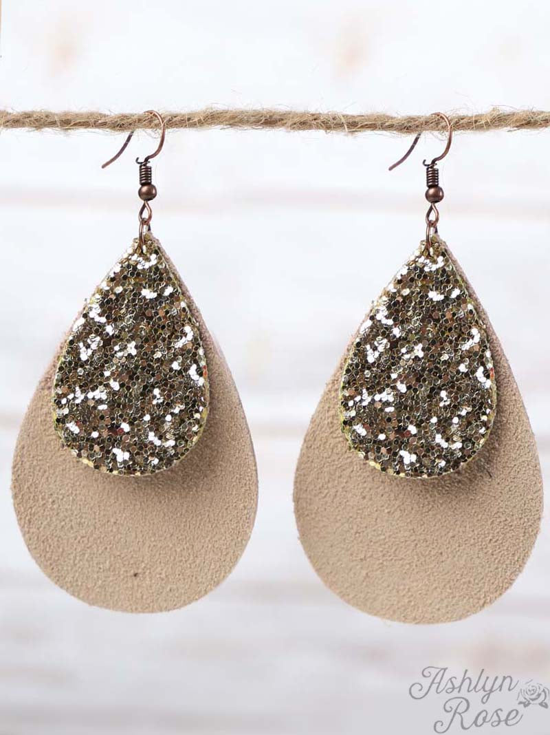 Tan Leather Teardrop with Gold Glitter Accent, Copper